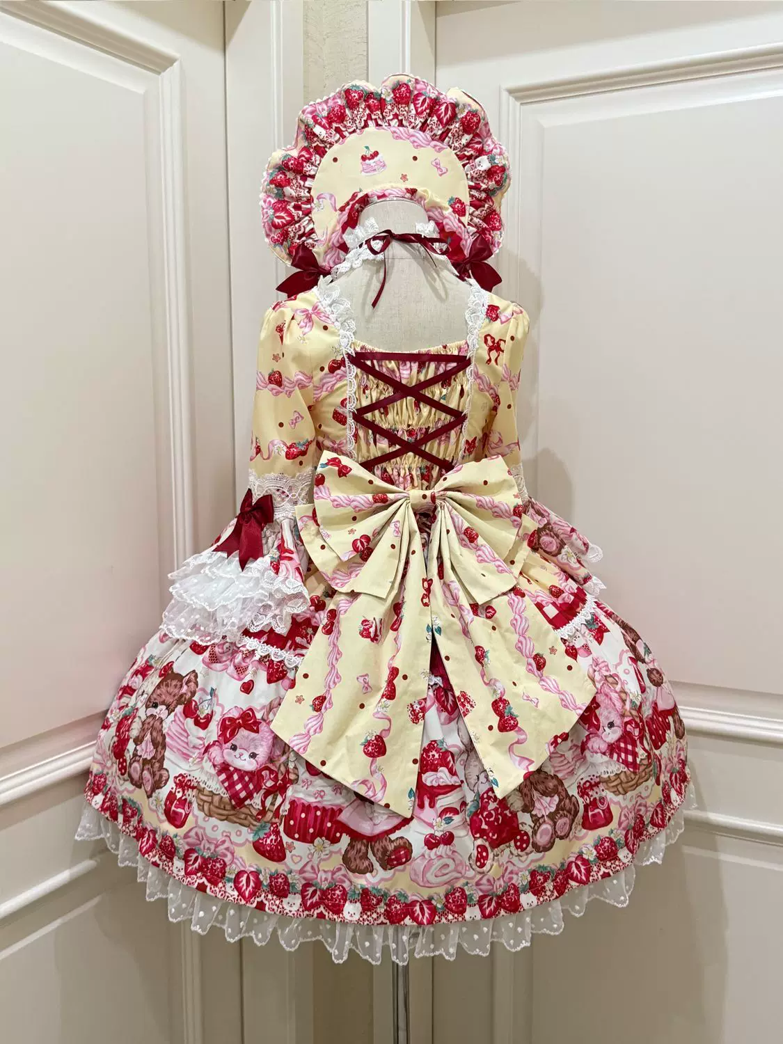 SweetBerry Bunny Bear - Sweet Lolita Hime Sleeve OP Dress, Strawberry and Bear Print - Image 4