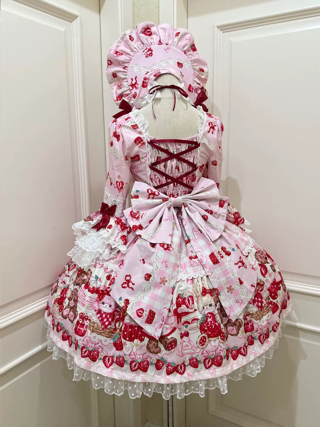 SweetBerry Bunny Bear - Sweet Lolita Hime Sleeve OP Dress, Strawberry and Bear Print - Image 5
