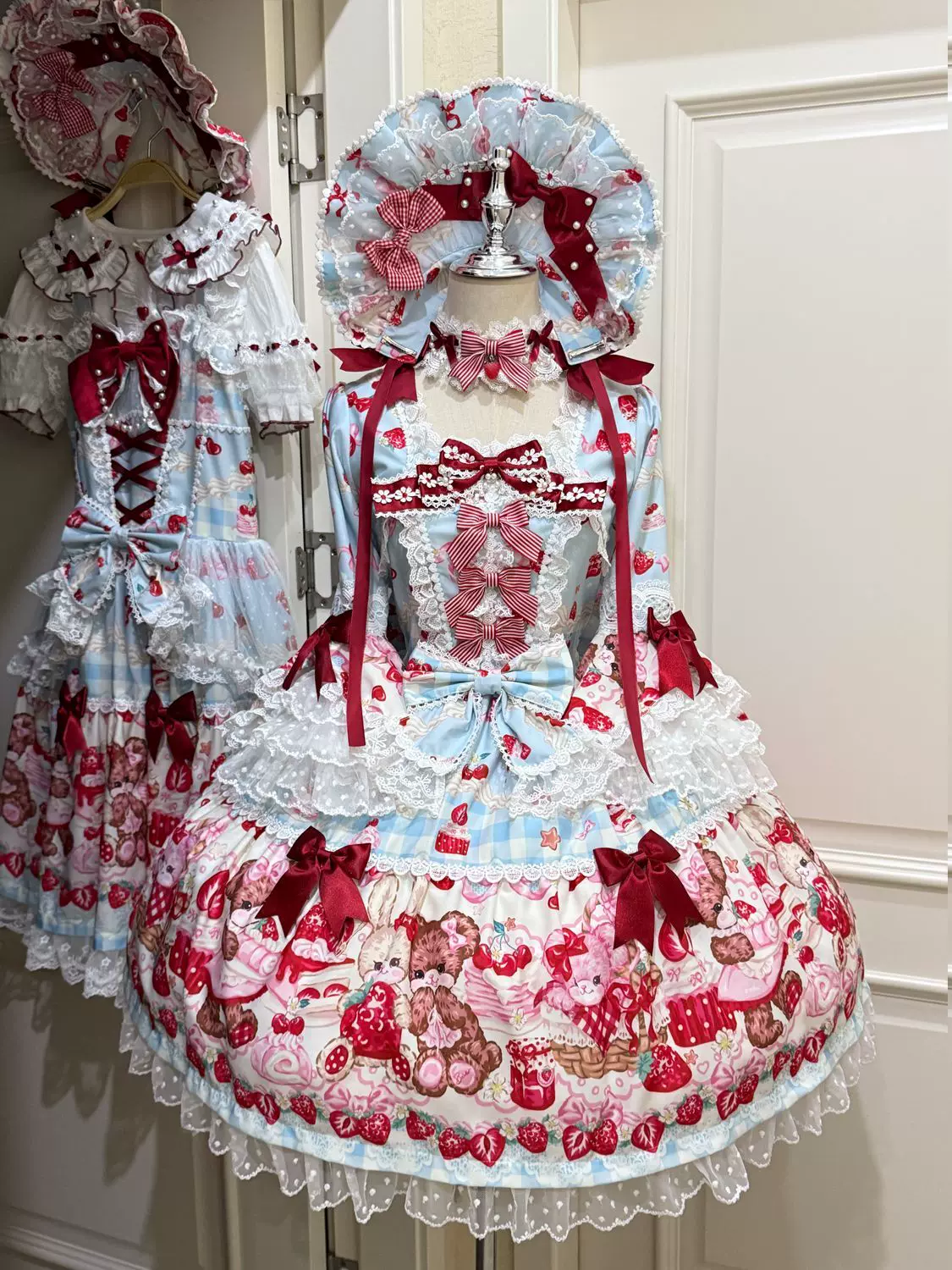 SweetBerry Bunny Bear - Sweet Lolita Hime Sleeve OP Dress, Strawberry and Bear Print - Image 6