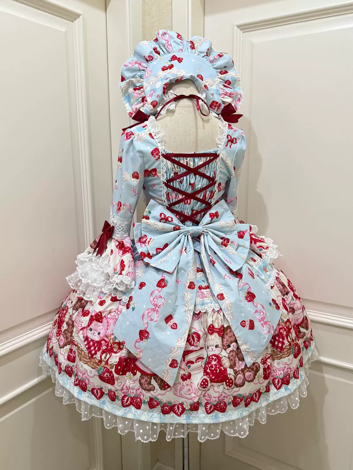 SweetBerry Bunny Bear - Sweet Lolita Hime Sleeve OP Dress, Strawberry and Bear Print - Image 7