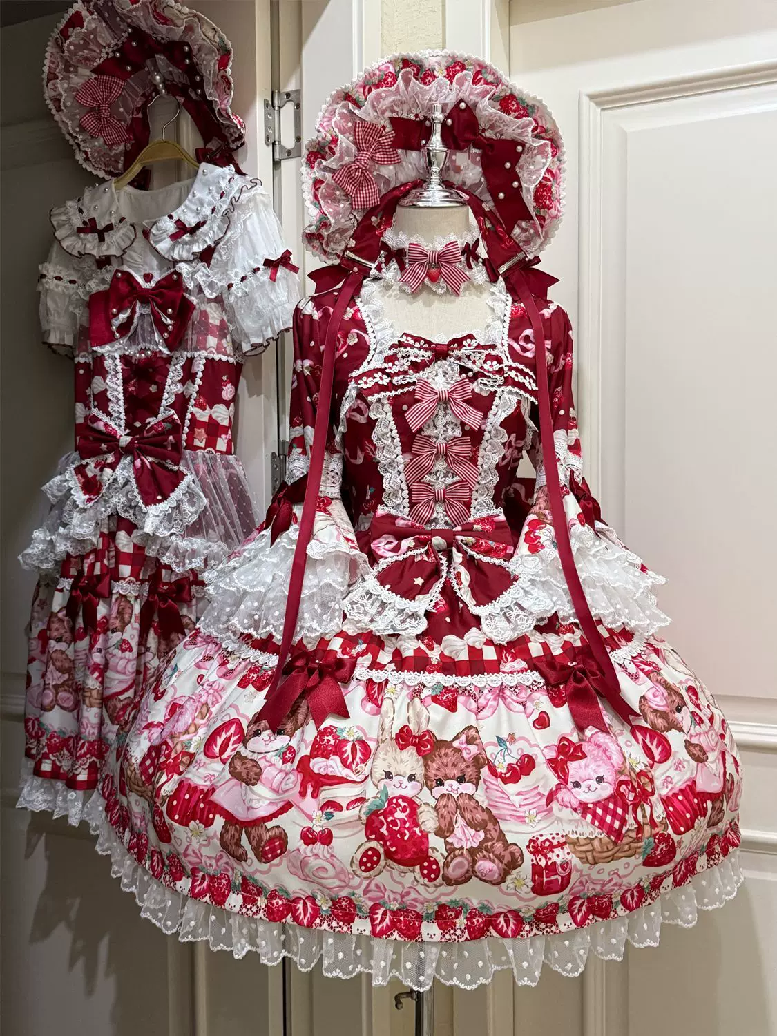 SweetBerry Bunny Bear - Sweet Lolita Hime Sleeve OP Dress, Strawberry and Bear Print - Image 8