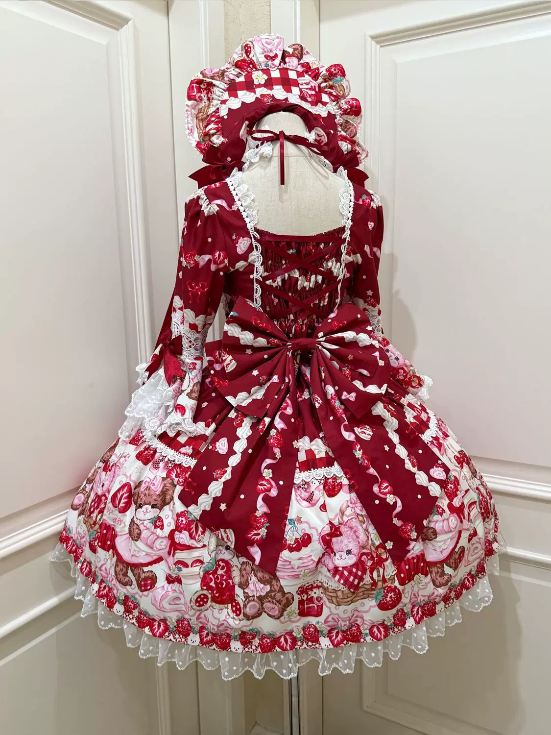 SweetBerry Bunny Bear - Sweet Lolita Hime Sleeve OP Dress, Strawberry and Bear Print - Image 9