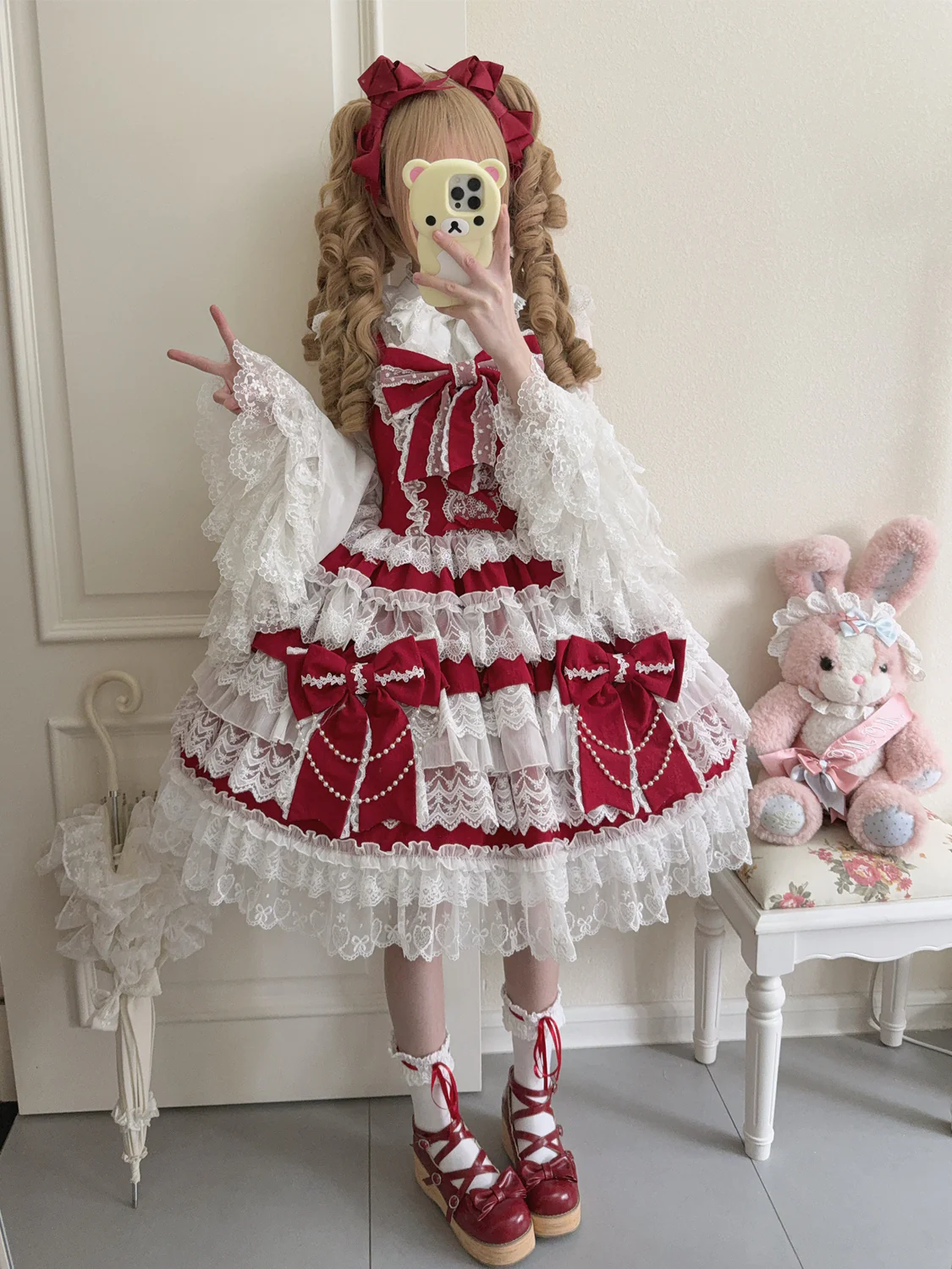 Cross Heart Knot - Sweet Lolita JSK Suit Tiered Ruffles Dress with Lace Blouse - Image 11