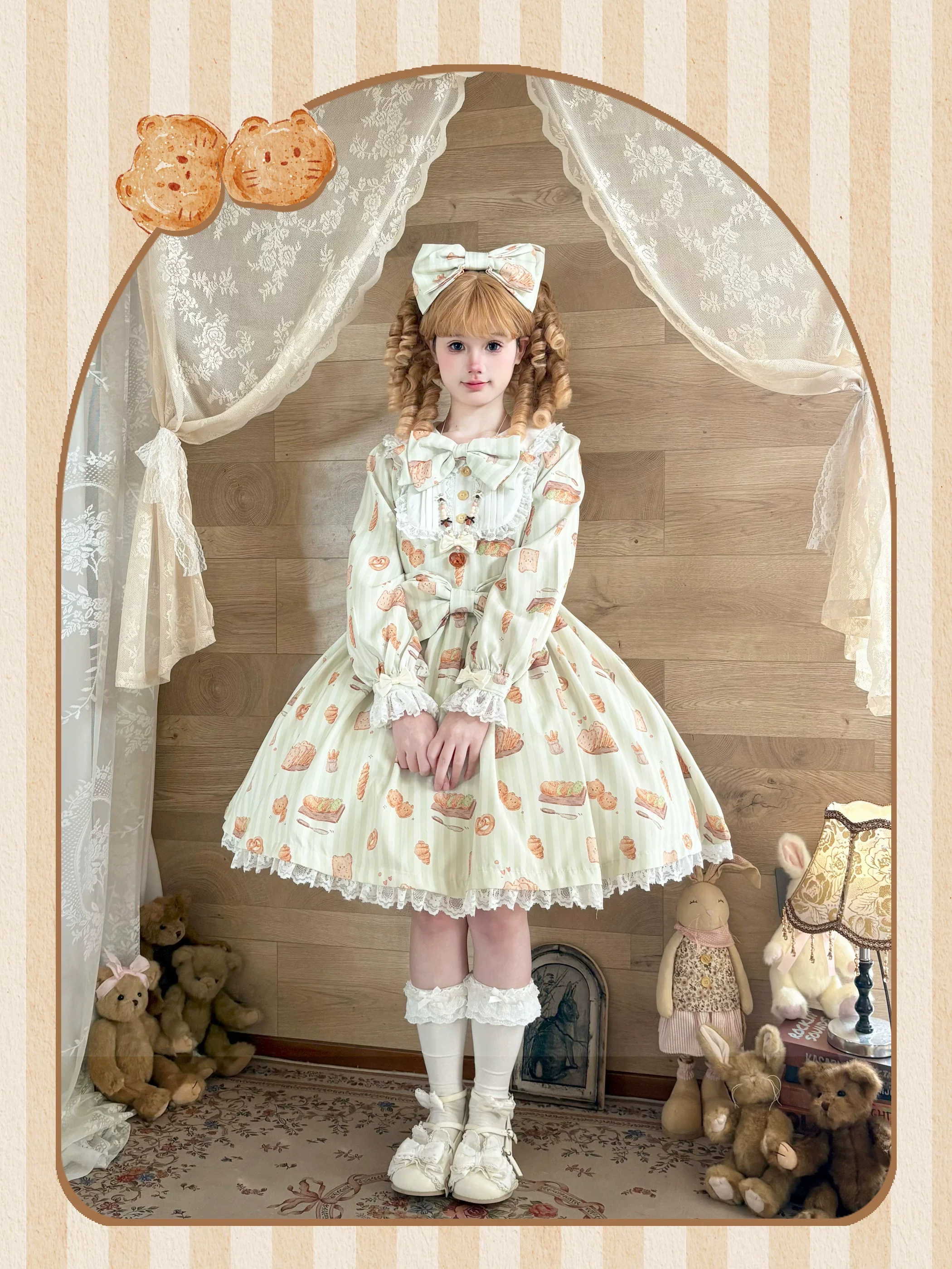 Kitten Bread - Sweet Lolita OP Dress, Cat & Bread Print - Image 8