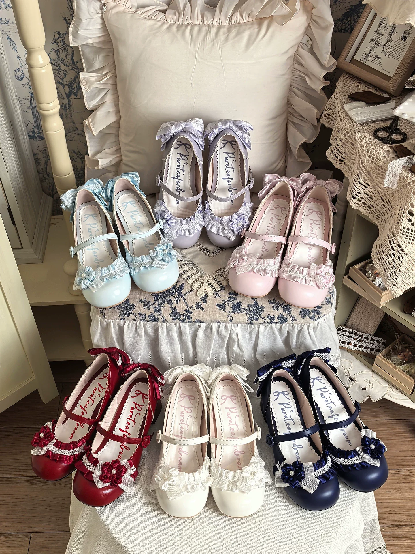 Moonlit Sakura - Sweet Lolita Round-toe Heel Shoes, Floral Accent - Image 3
