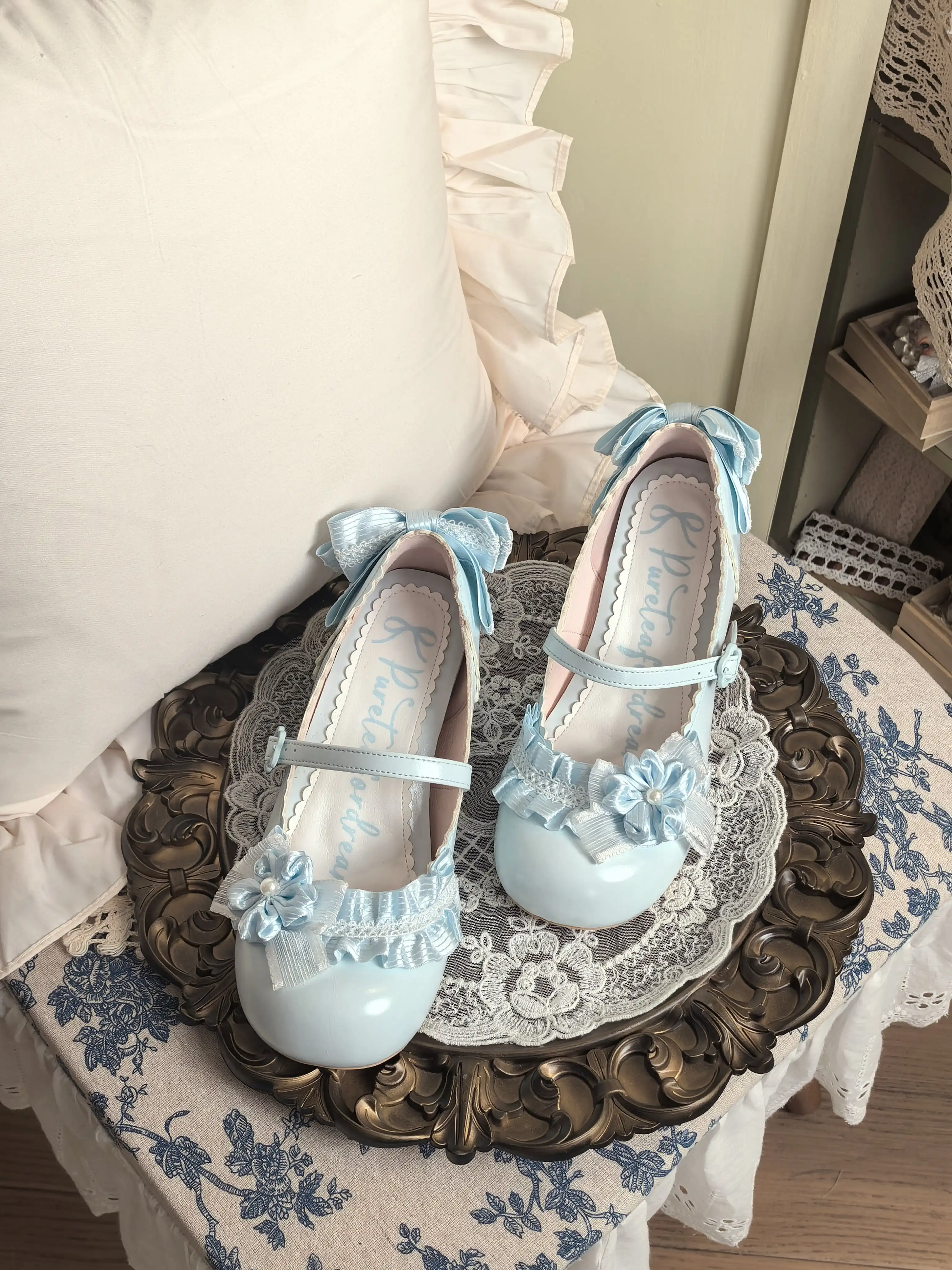 Moonlit Sakura - Sweet Lolita Round-toe Heel Shoes, Floral Accent - Image 4
