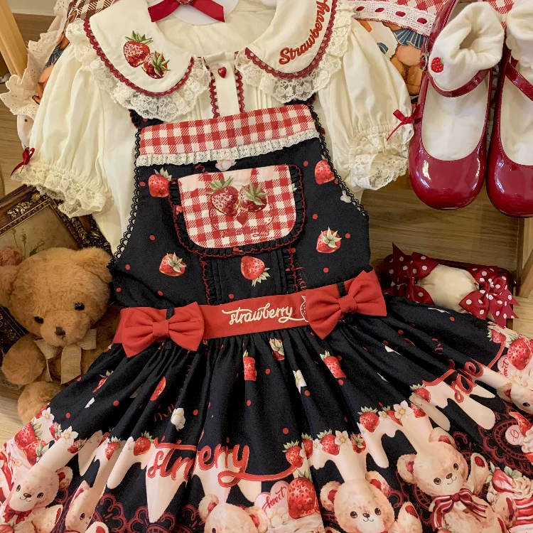 Velvet Strawberry - Sweet Lolita Salopette Dress, Bear & Strawberry Print - Image 10