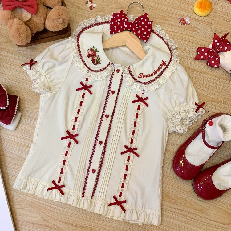 Velvet Strawberry - Sweet Lolita Salopette Dress, Bear & Strawberry Print - Image 11