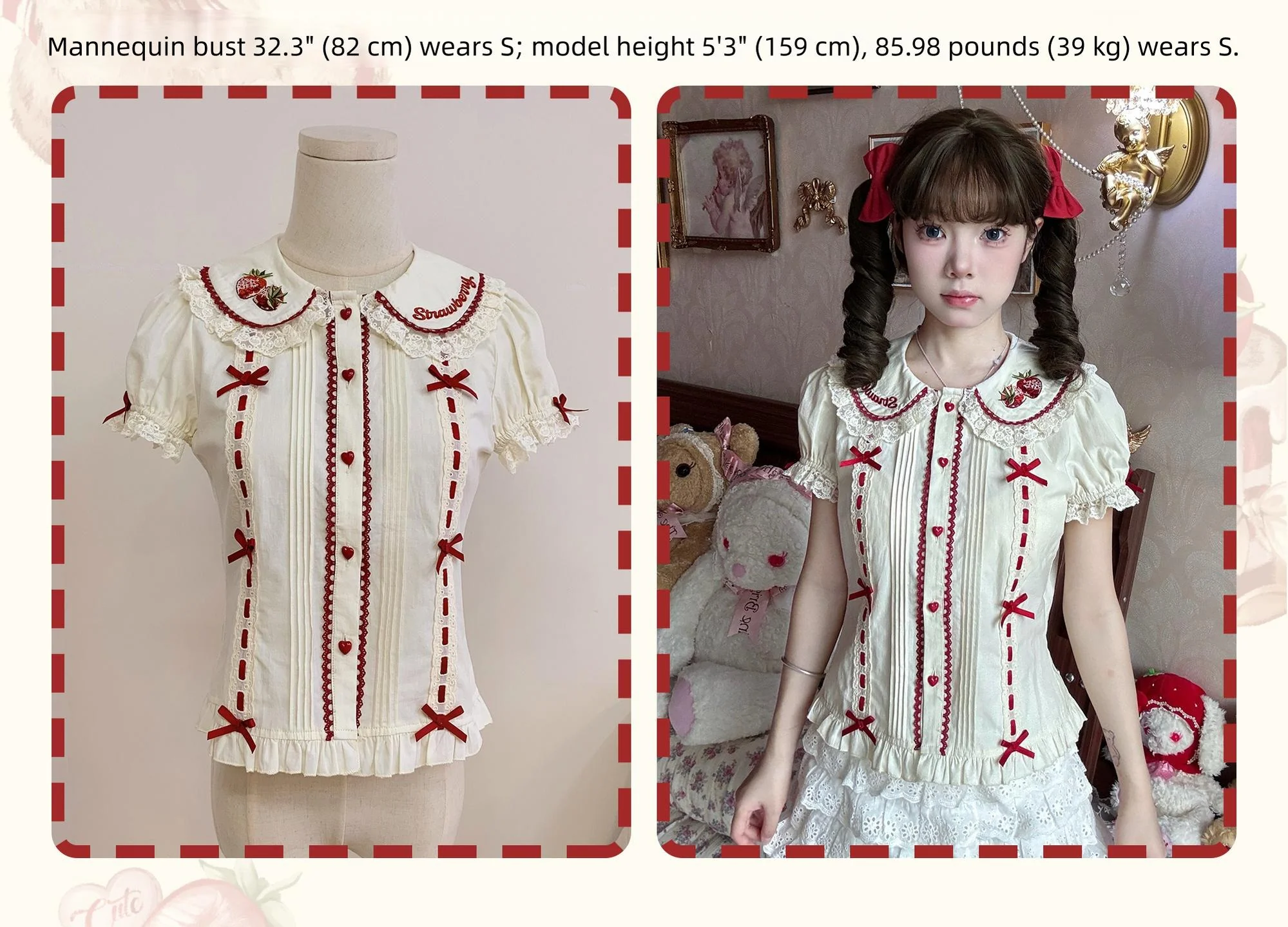 Velvet Strawberry - Sweet Lolita Salopette Dress, Bear & Strawberry Print - Image 12