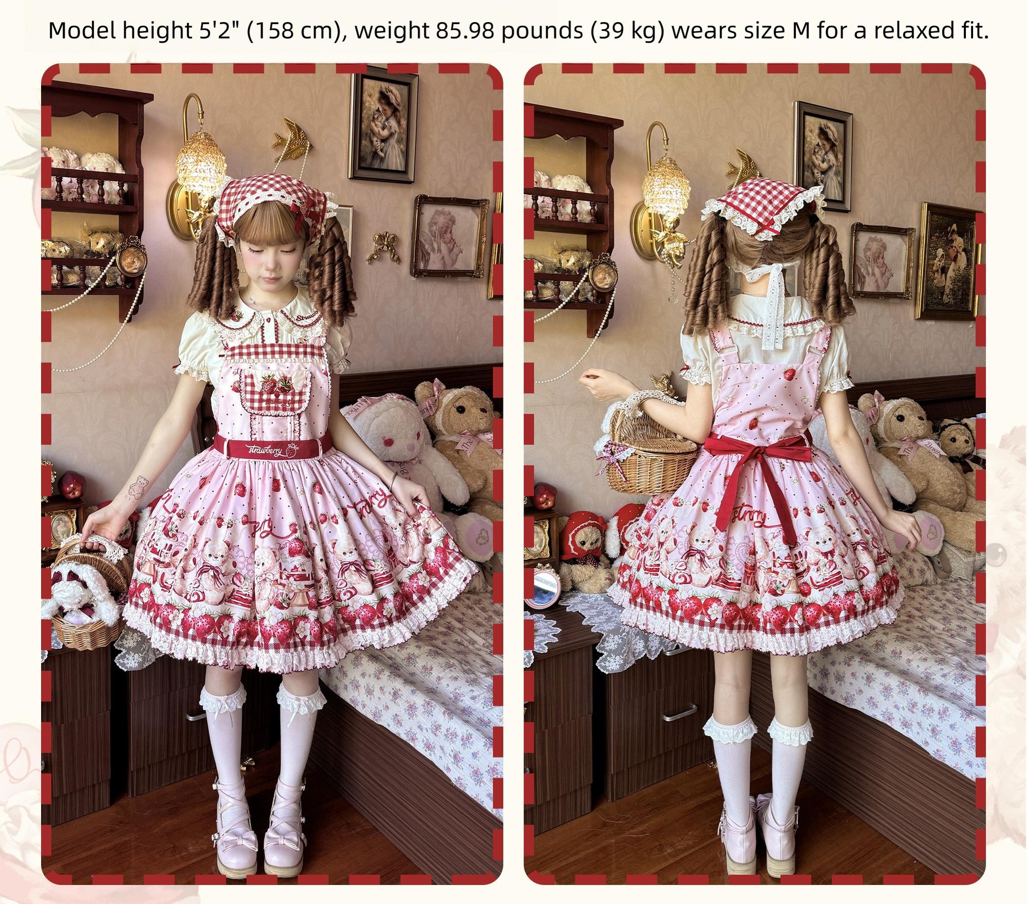 Velvet Strawberry - Sweet Lolita Salopette Dress, Bear & Strawberry Print - Image 13