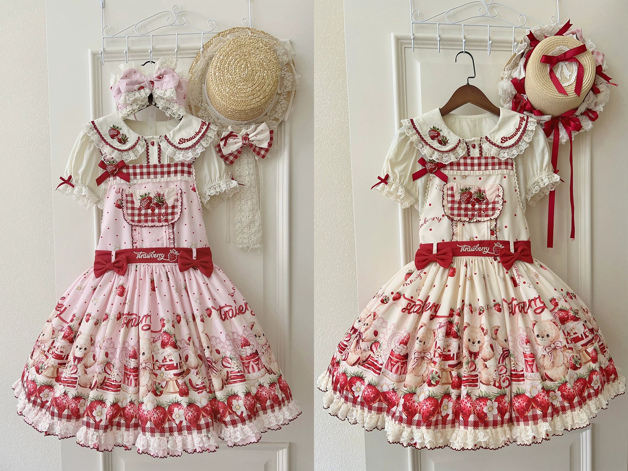 Velvet Strawberry - Sweet Lolita Salopette Dress, Bear & Strawberry Print - Image 14
