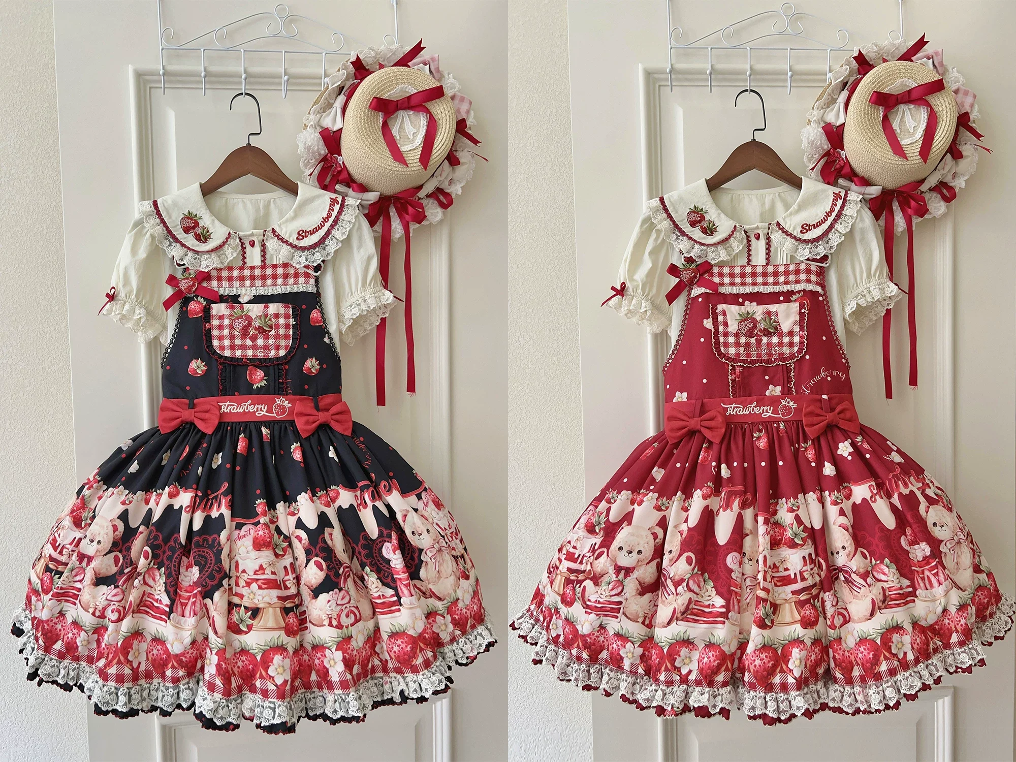 Velvet Strawberry - Sweet Lolita Salopette Dress, Bear & Strawberry Print - Image 15