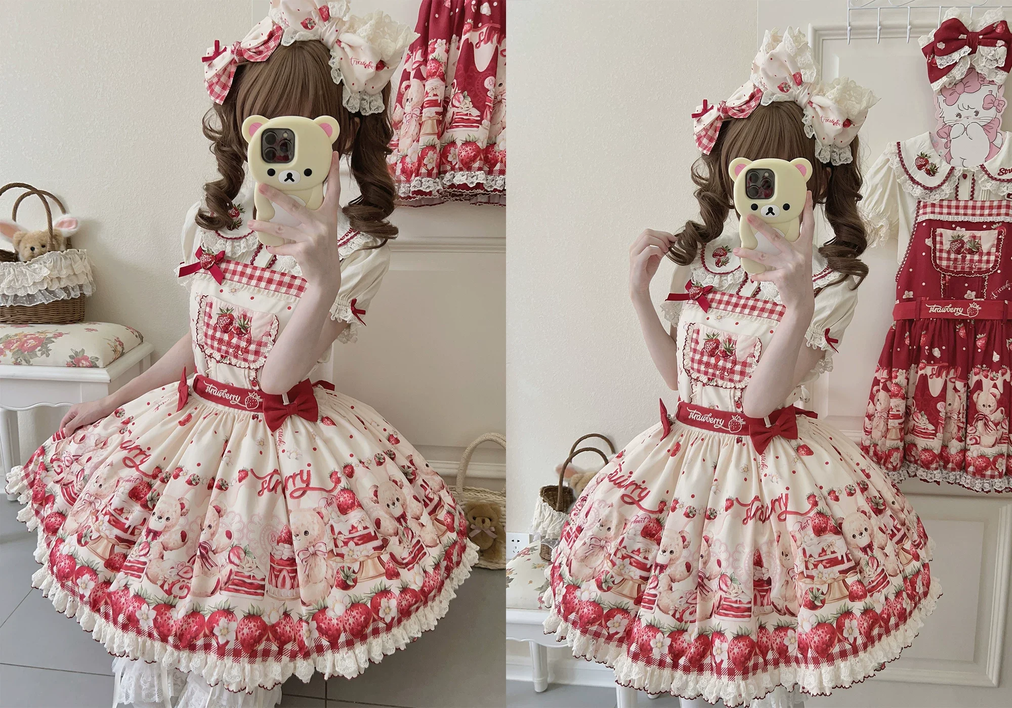 Velvet Strawberry - Sweet Lolita Salopette Dress, Bear & Strawberry Print - Image 16