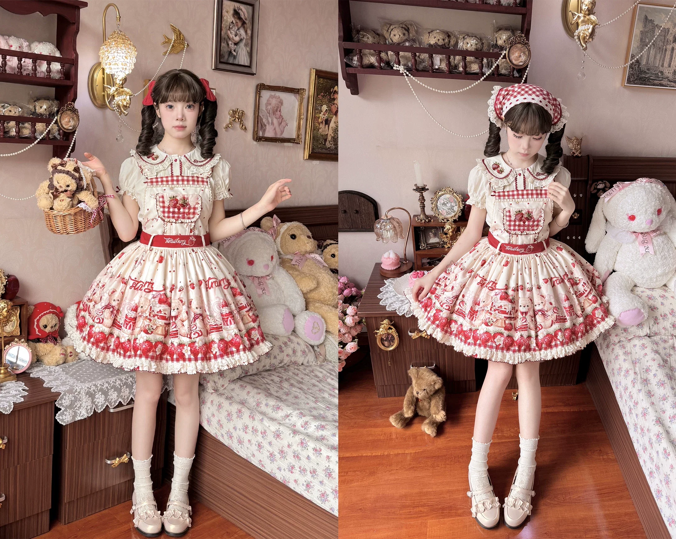 Velvet Strawberry - Sweet Lolita Salopette Dress, Bear & Strawberry Print - Image 17