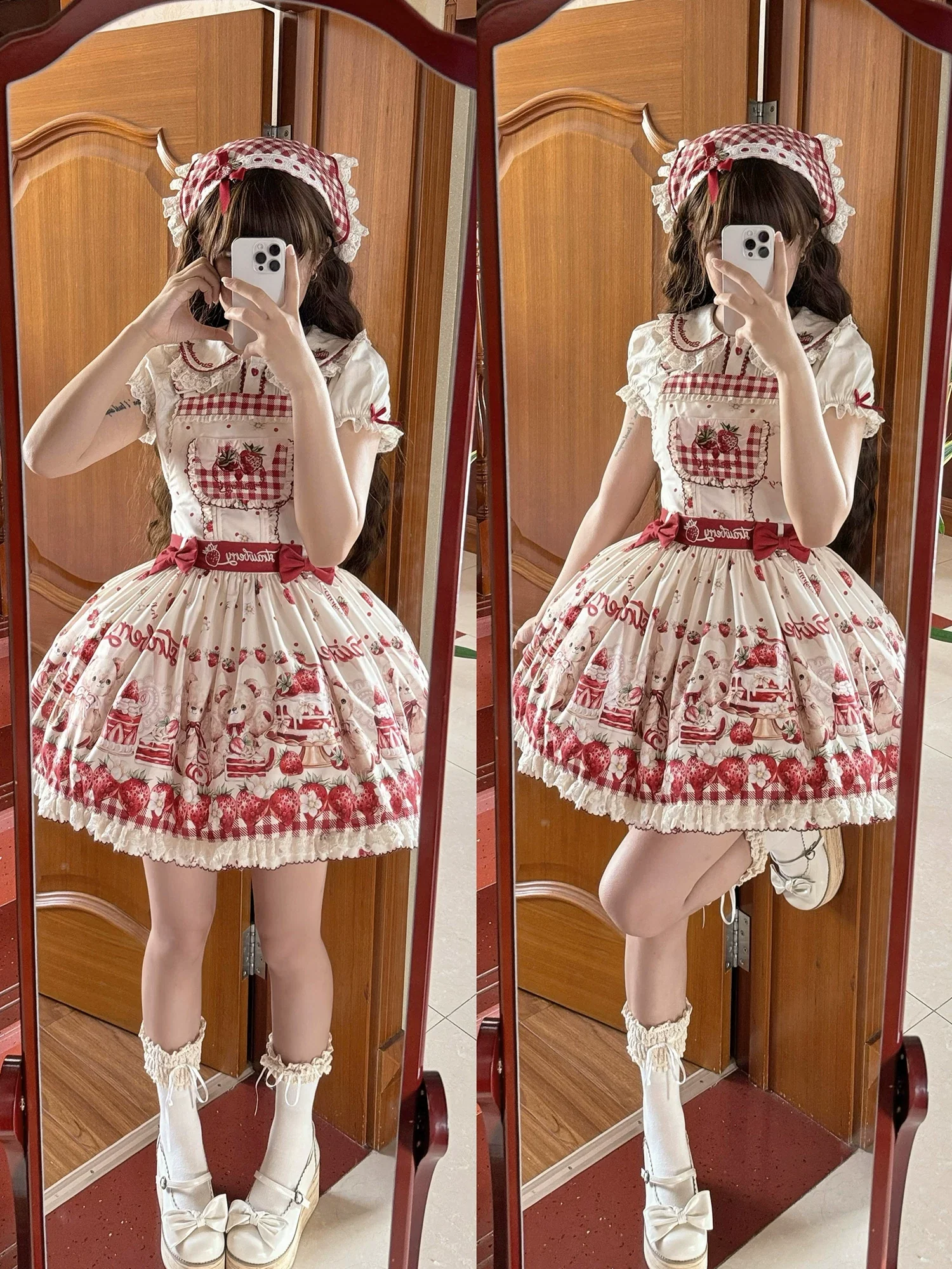Velvet Strawberry - Sweet Lolita Salopette Dress, Bear & Strawberry Print - Image 18