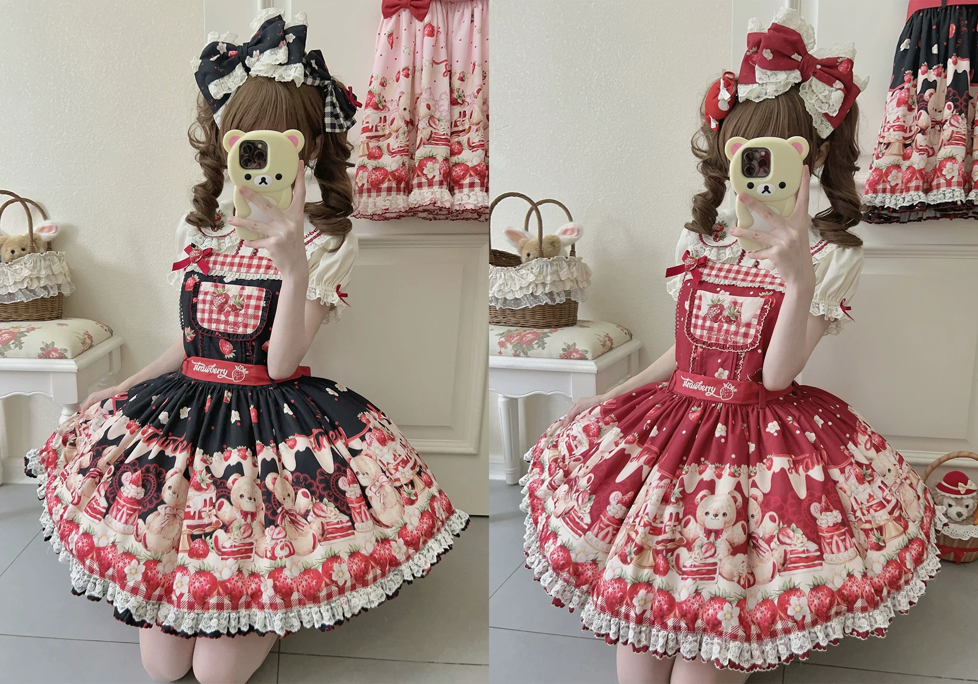 Velvet Strawberry - Sweet Lolita Salopette Dress, Bear & Strawberry Print - Image 19