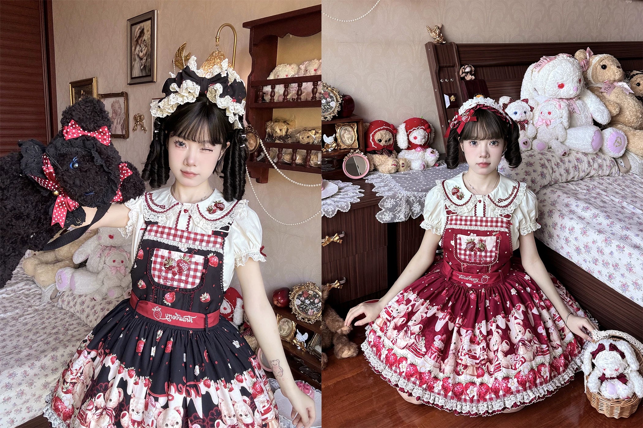 Velvet Strawberry - Sweet Lolita Salopette Dress, Bear & Strawberry Print - Image 20