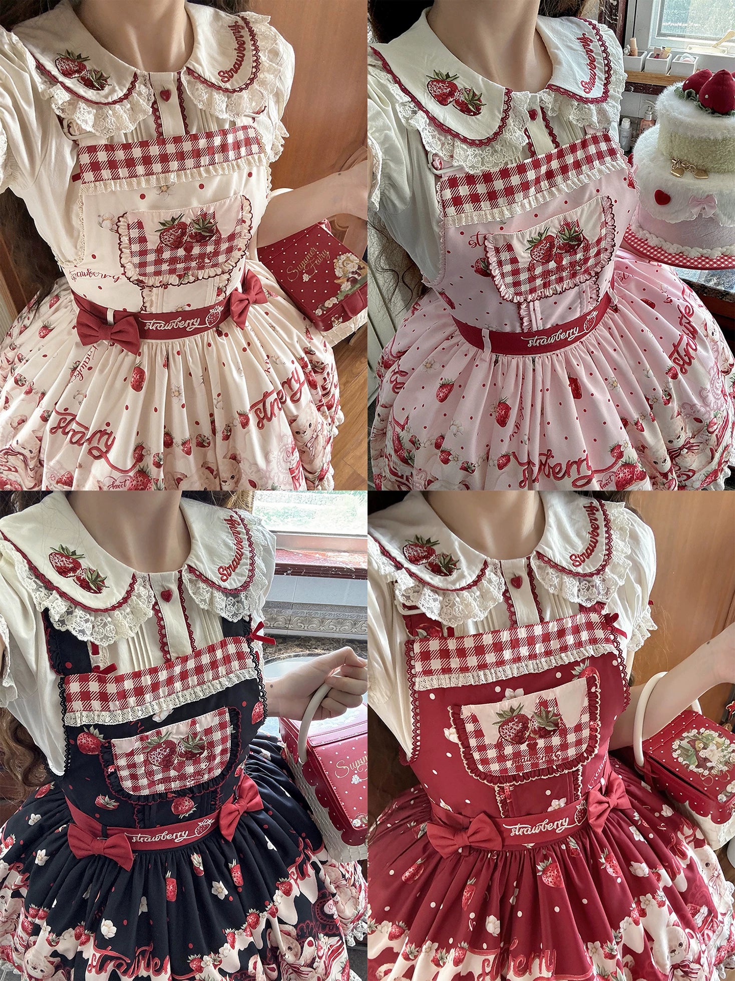 Velvet Strawberry - Sweet Lolita Salopette Dress, Bear & Strawberry Print - Image 21