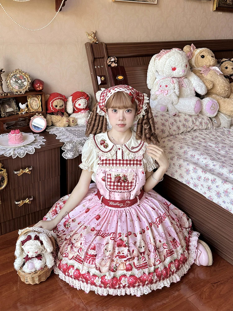 Velvet Strawberry - Sweet Lolita Salopette Dress, Bear & Strawberry Print - Image 3