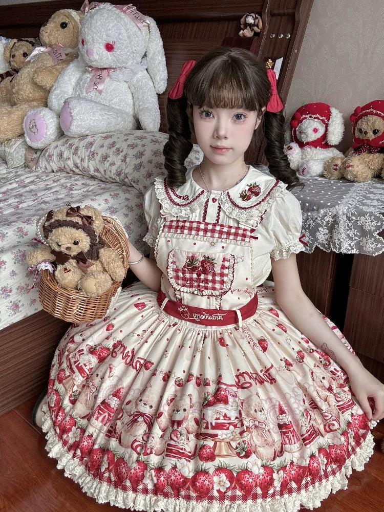 Velvet Strawberry - Sweet Lolita Salopette Dress, Bear & Strawberry Print - Image 4