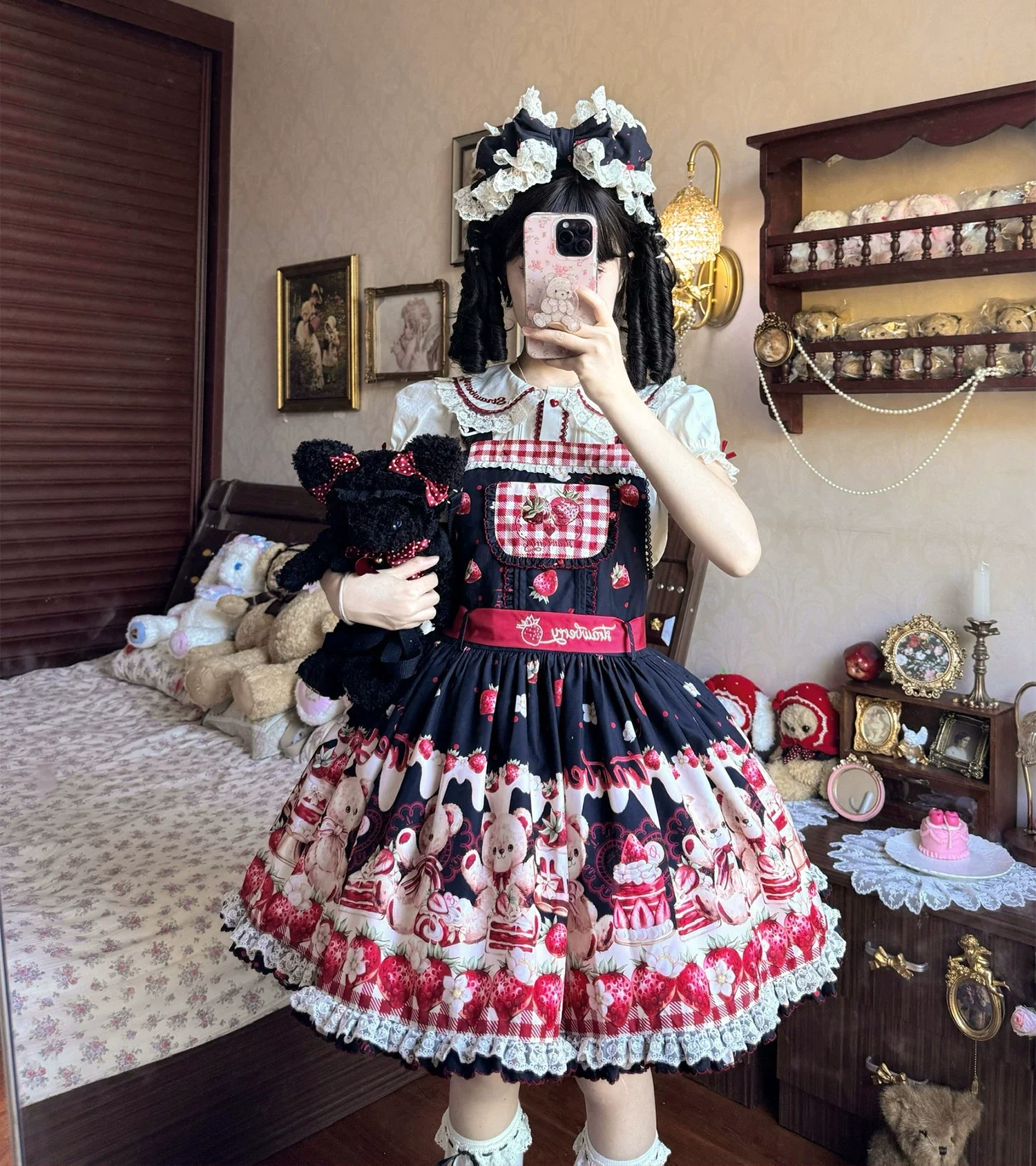 Velvet Strawberry - Sweet Lolita Salopette Dress, Bear & Strawberry Print - Image 5