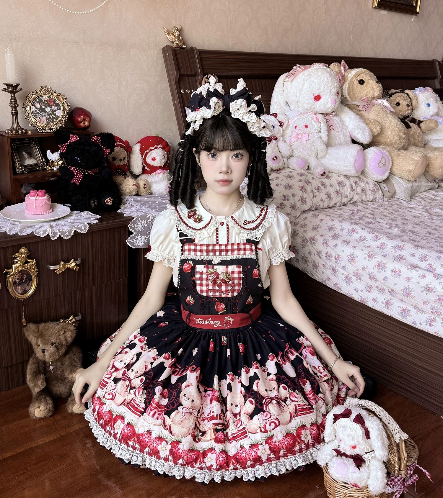 Velvet Strawberry - Sweet Lolita Salopette Dress, Bear & Strawberry Print - Image 6
