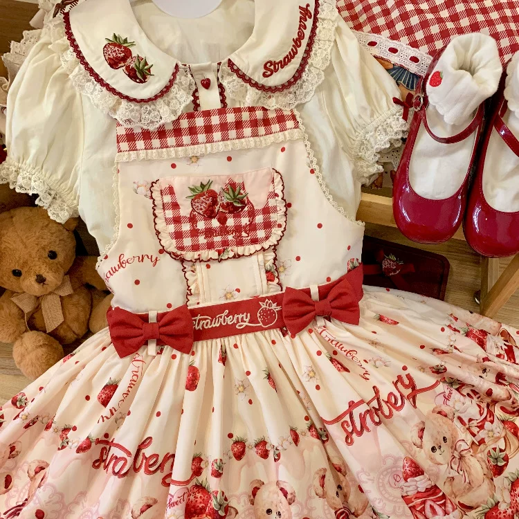 Velvet Strawberry - Sweet Lolita Salopette Dress, Bear & Strawberry Print - Image 7