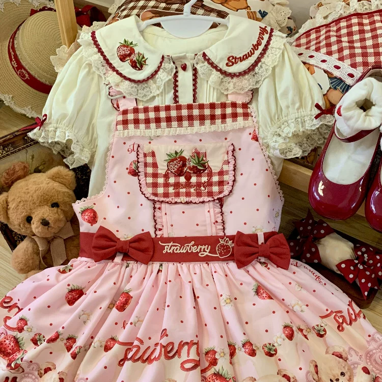 Velvet Strawberry - Sweet Lolita Salopette Dress, Bear & Strawberry Print - Image 8
