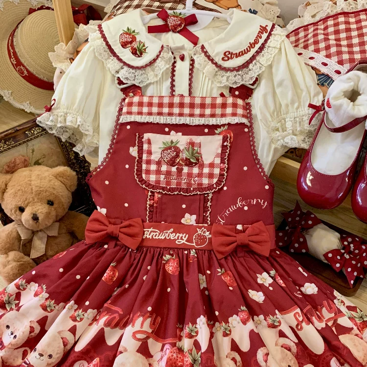Velvet Strawberry - Sweet Lolita Salopette Dress, Bear & Strawberry Print - Image 9