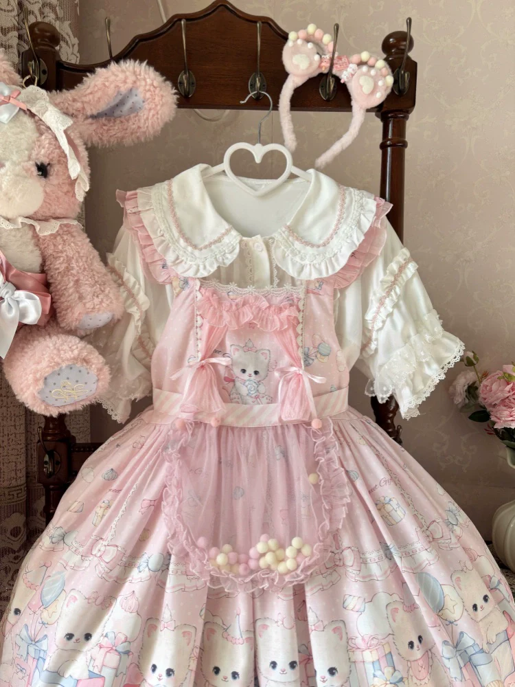 Suiyi - Meow Pompom - Sweet Lolita Salopette Dress Suit, Cat Print - Image 20
