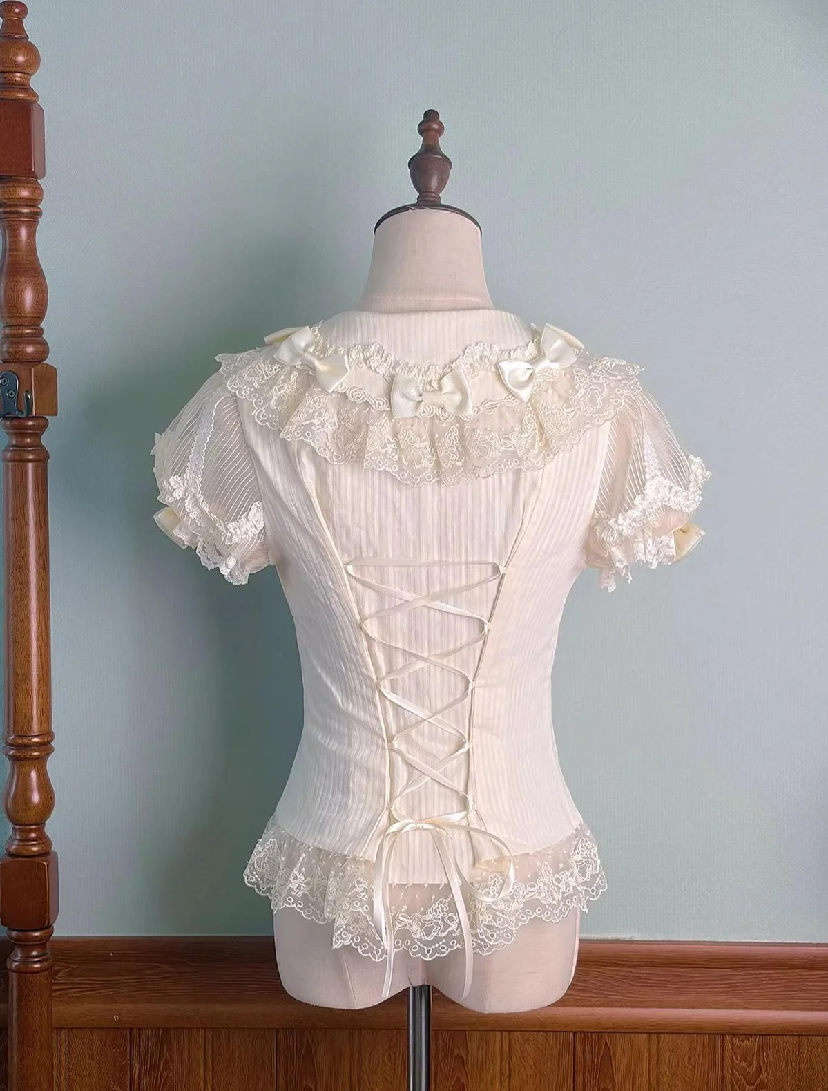 Macaron - Sweet Lolita Short Sleeve Shirt, Lace & Bow Details - Image 2