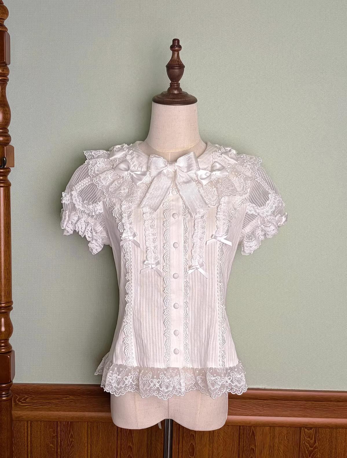 Macaron - Sweet Lolita Short Sleeve Shirt, Lace & Bow Details - Image 3