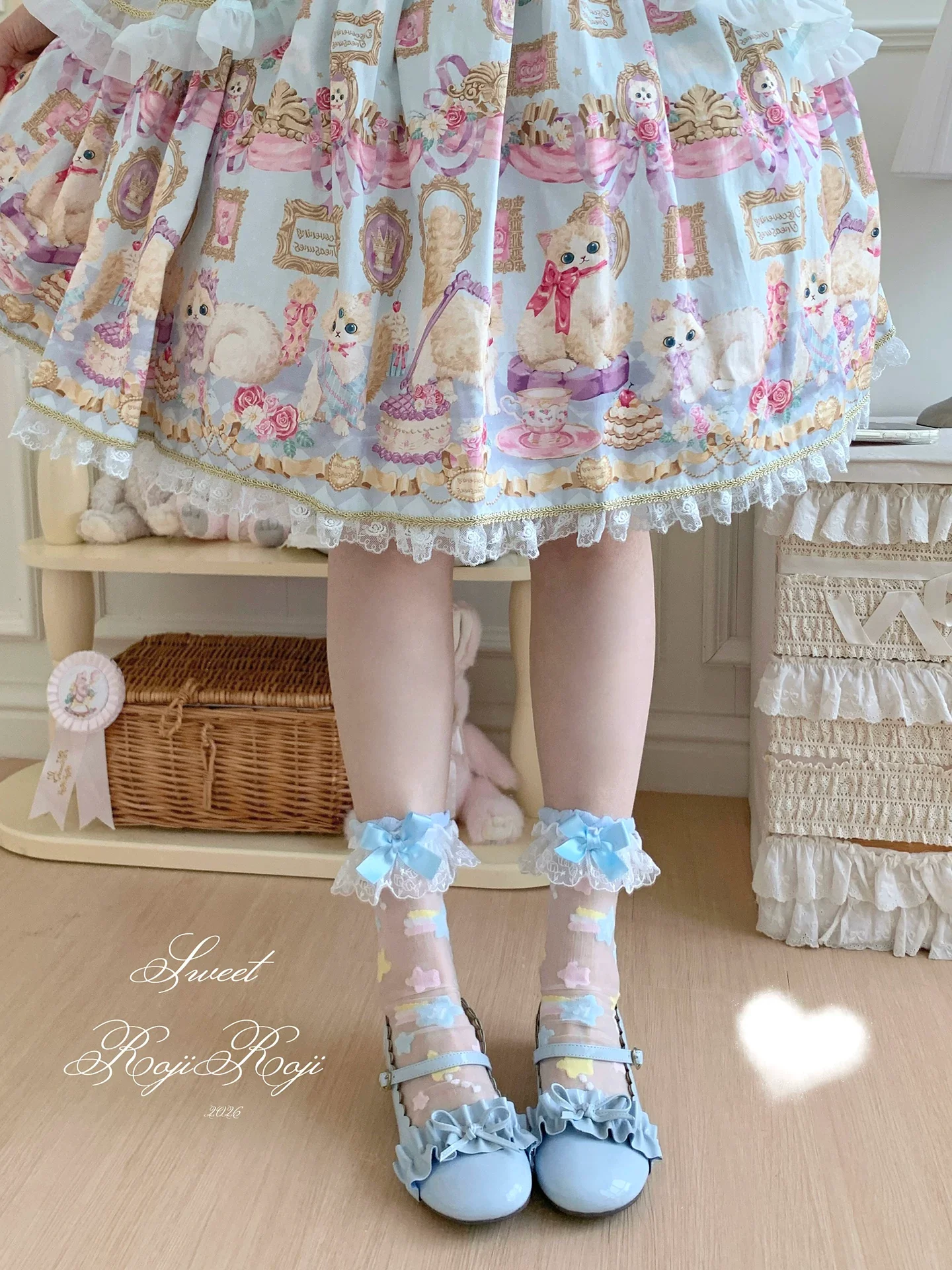 Sweet Lolita Star Embroidered Socks with Colorful Satin Bow - Image 15