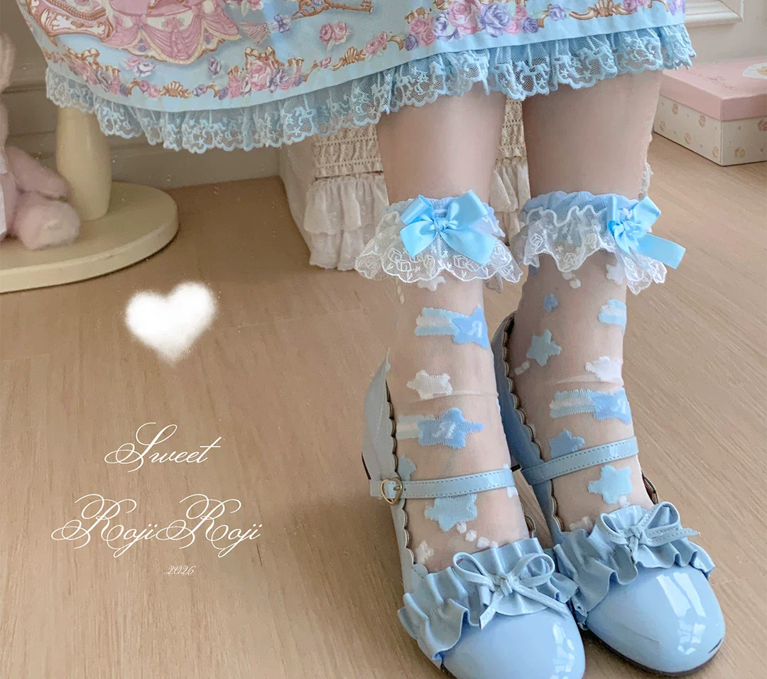 Sweet Lolita Star Embroidered Socks with Colorful Satin Bow - Image 16