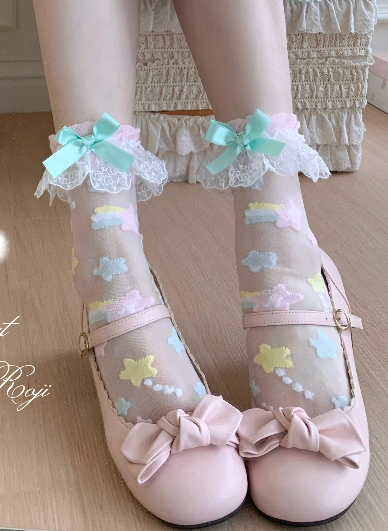 Sweet Lolita Star Embroidered Socks with Colorful Satin Bow - Image 17