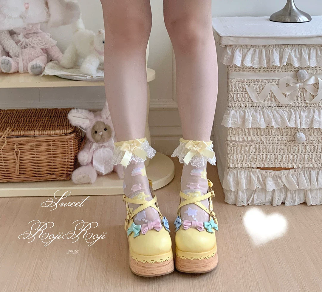 Sweet Lolita Star Embroidered Socks with Colorful Satin Bow - Image 18