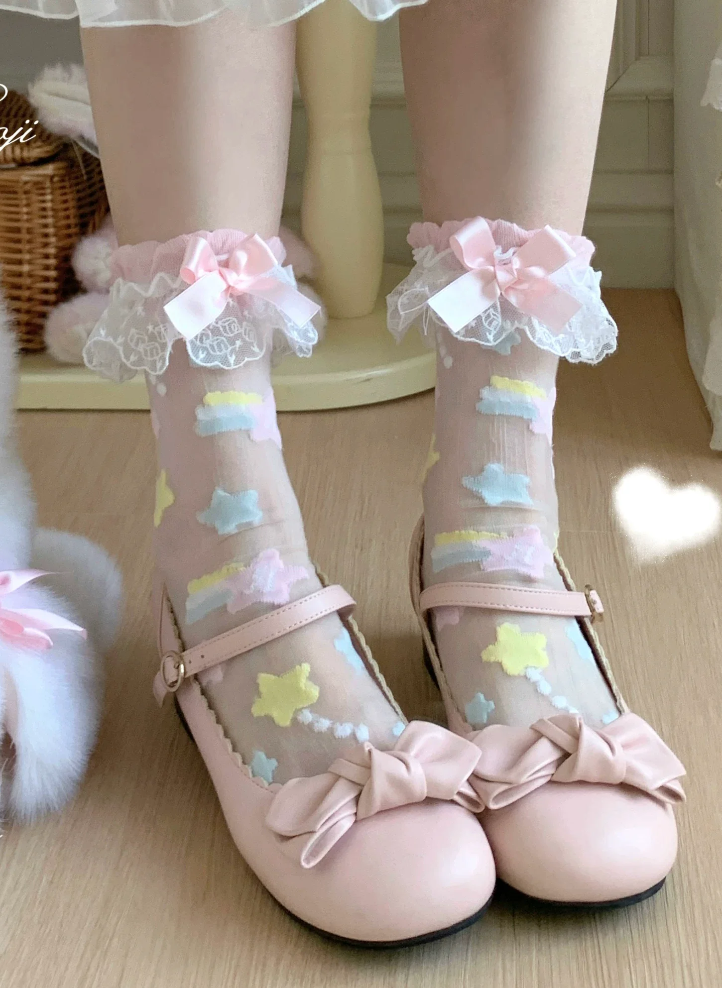 Sweet Lolita Star Embroidered Socks with Colorful Satin Bow - Image 2