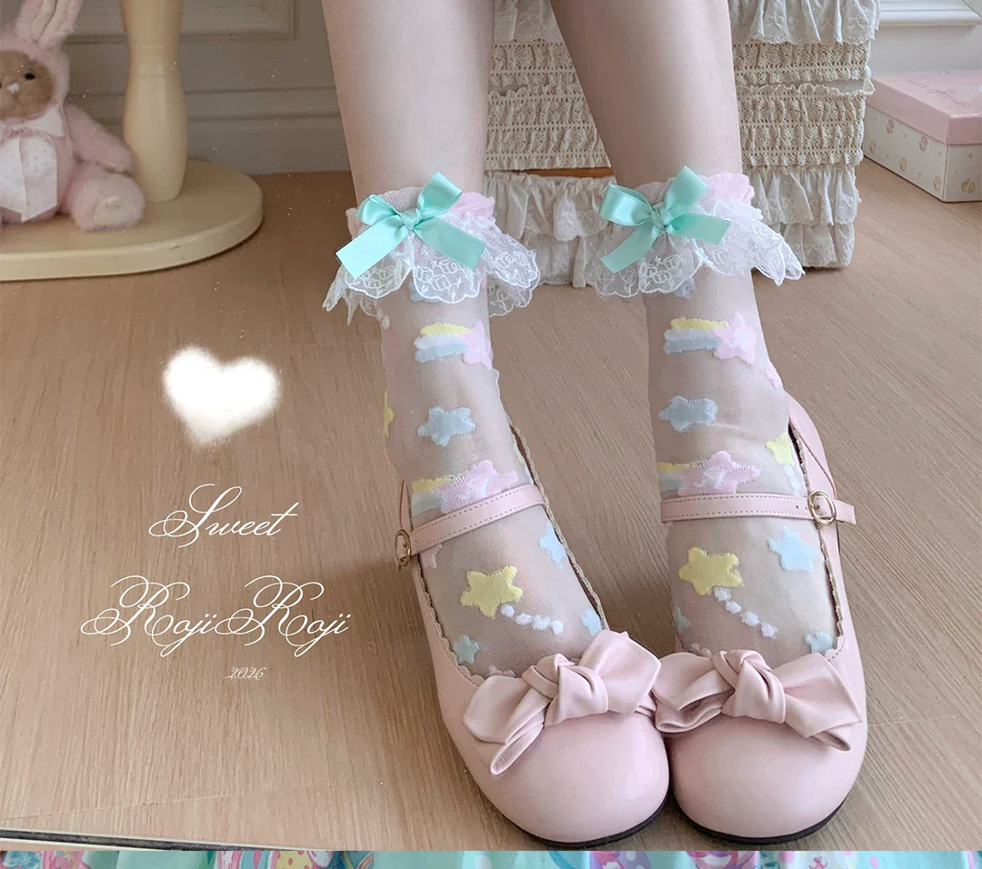 Sweet Lolita Star Embroidered Socks with Colorful Satin Bow - Image 8