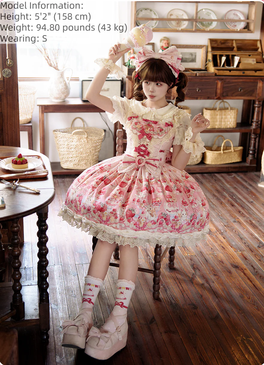 Bavarois Dessert Bunny - Sweet Lolita Strawberry Print JSK Dress - Image 12