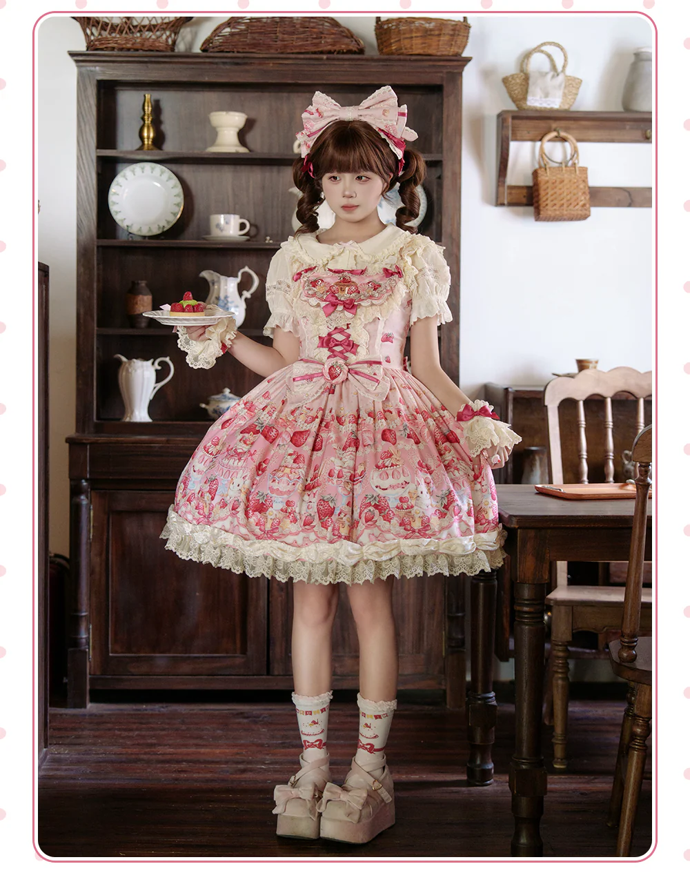 Bavarois Dessert Bunny - Sweet Lolita Strawberry Print JSK Dress - Image 14