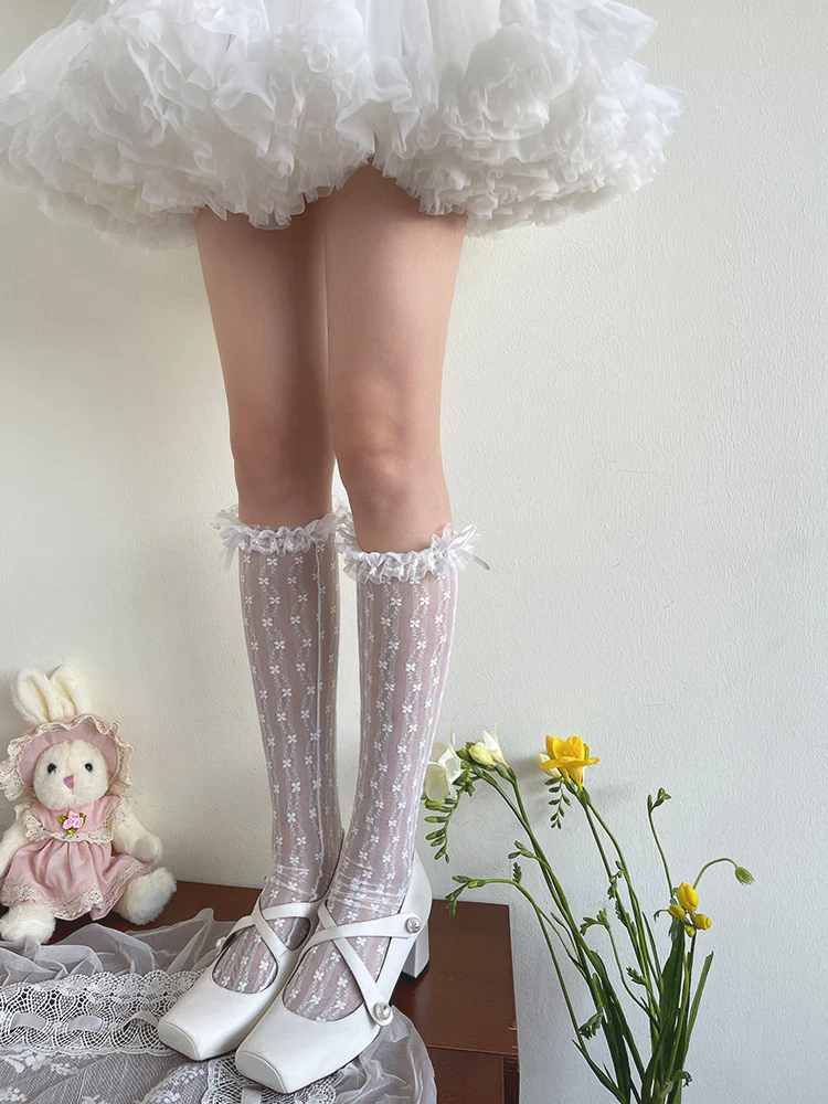 Sweet Lolita Thin Calf Socks with Ruffled Cuffs - Image 2