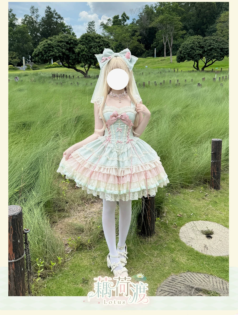Lotus Crossing - Sweet Lolita Tiered Hem JSK Dress with Satin Bow - Image 10