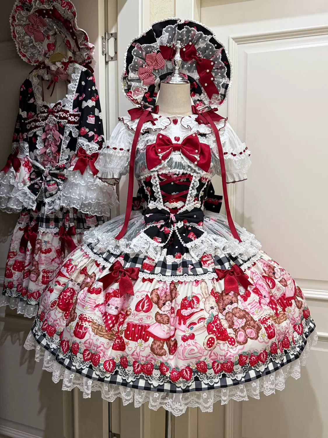 SweetBerry Bunny Bear - Sweet Lolita Tiered Lace JSK Dress, Strawberry and Bear Print