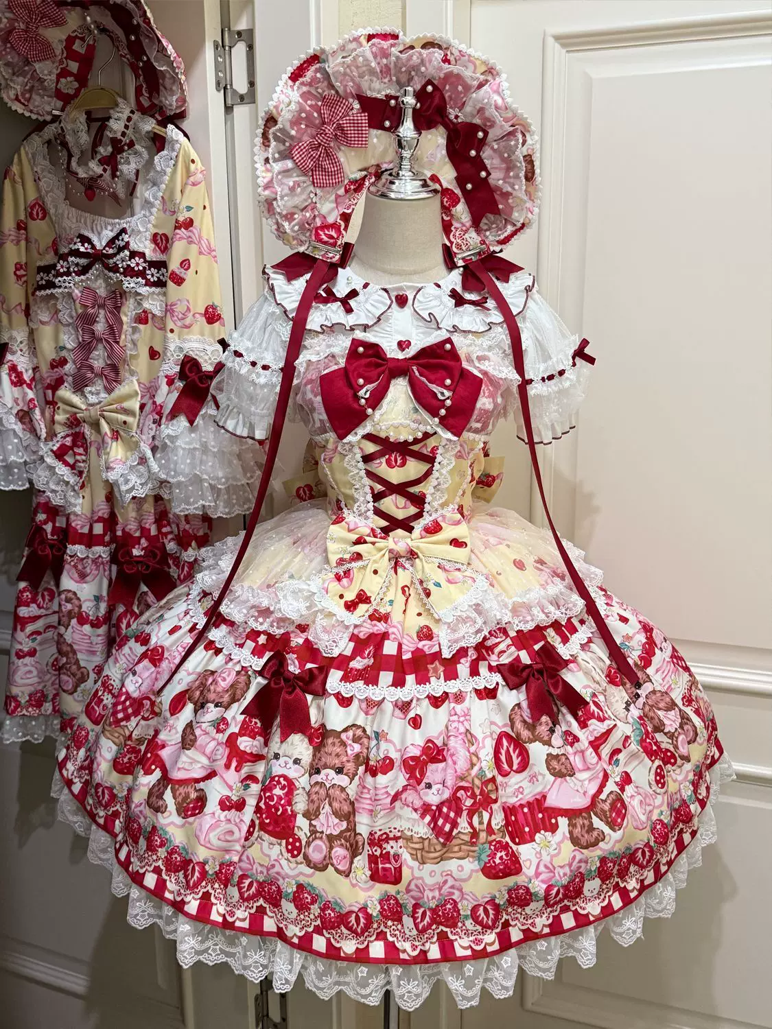 SweetBerry Bunny Bear - Sweet Lolita Tiered Lace JSK Dress, Strawberry and Bear Print - Image 7