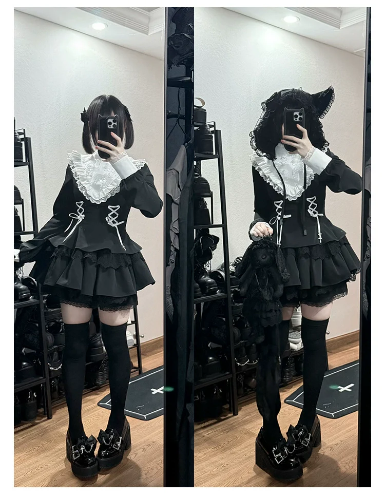 With Puji - Doki - Twin Lolita OP Black/White Goth Dress with Pocketed Shorts - Image 15