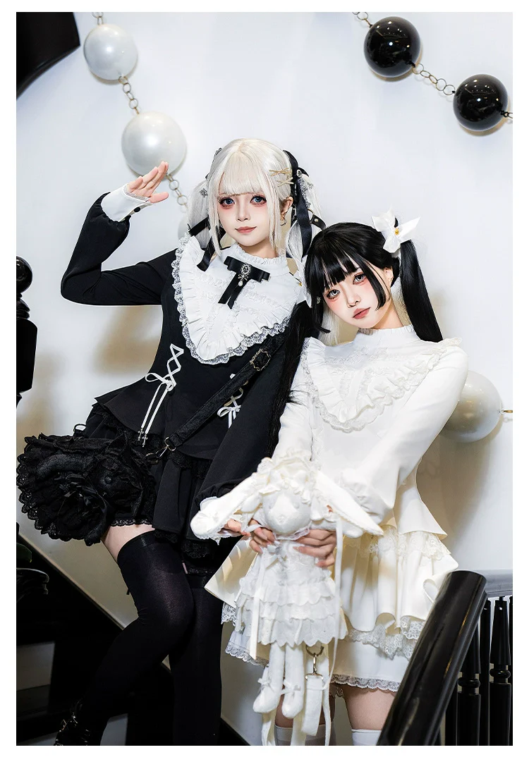 With Puji - Doki - Twin Lolita OP Black/White Goth Dress with Pocketed Shorts - Image 4