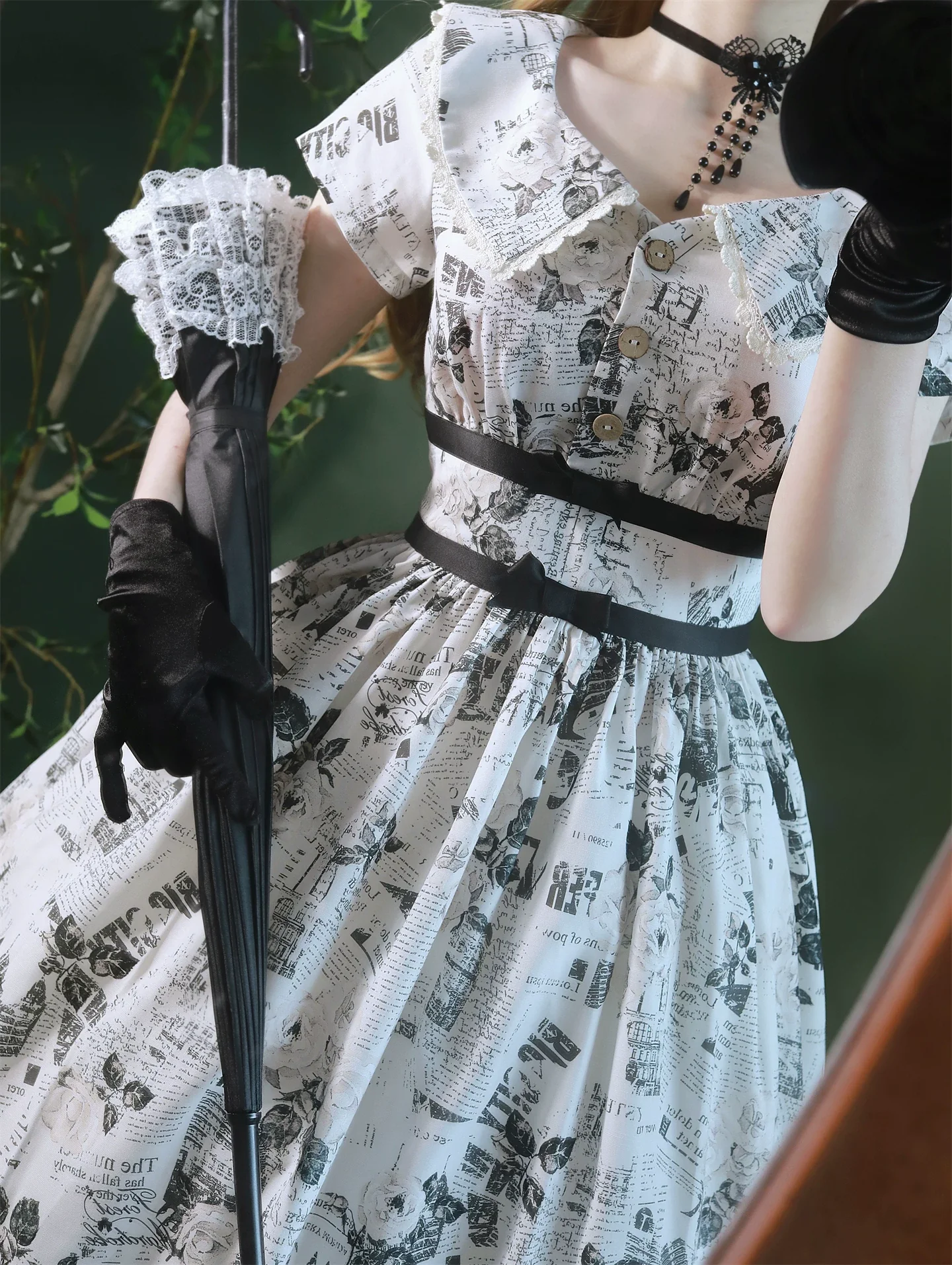 Forest Holiday - Vintage Classic Lolita Newspaper Printed OP Dress - Image 7