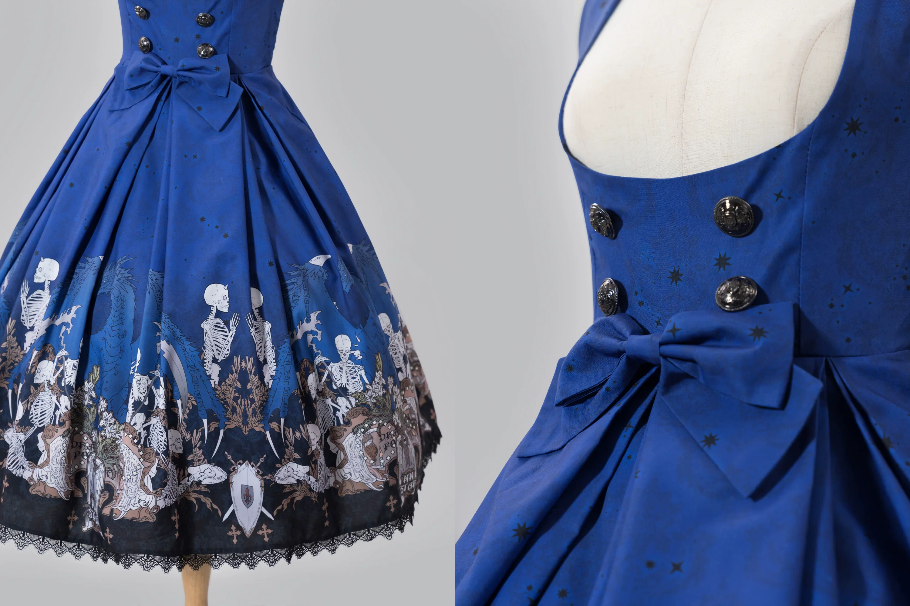 Dragon Bone Lily - Vintage Gothic Lolita Dragon & Skeleton Print JSK Dress - Image 12