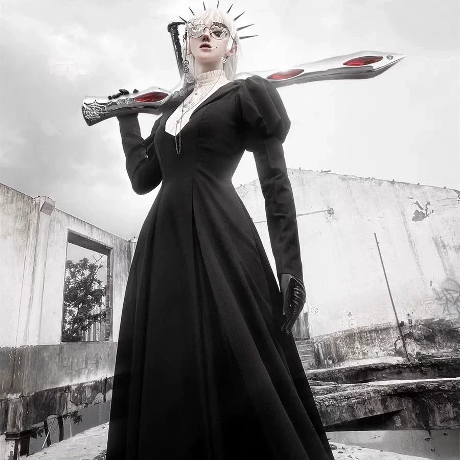 Wanqingyuan - Halloween Gothic Lolita OP Nun Style Long Sleeve Dress - Image 6