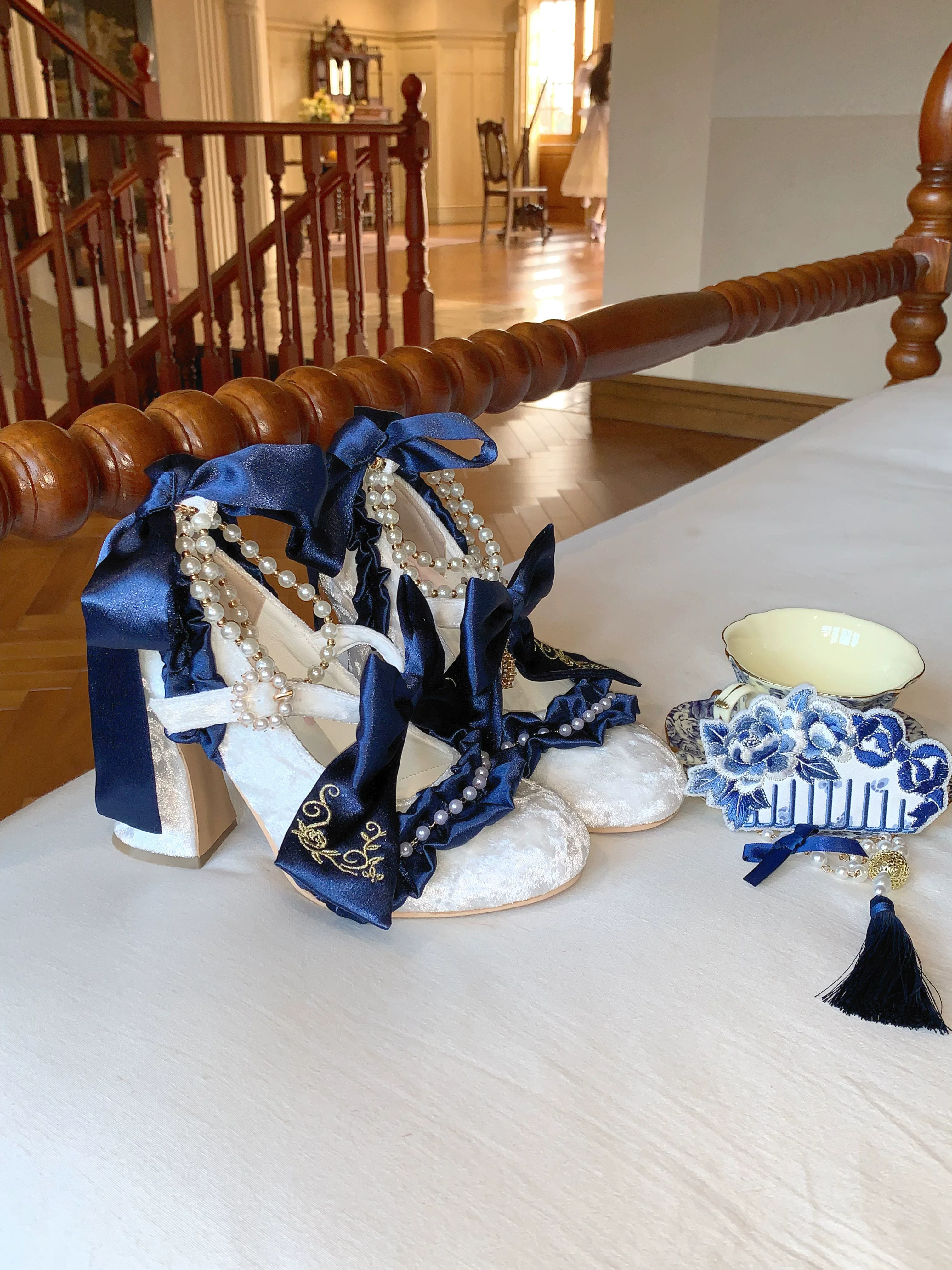 Ribbon Anthem - Wedding Classic Lolita Heels, Detachable Bow & Pearl Ribbon - Image 10